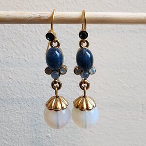 1928 Blue/Gold Beaded Drop Dangle Earrings